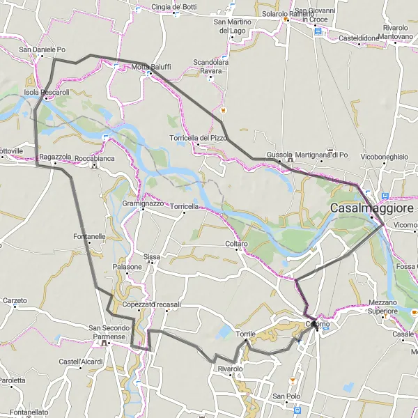 Miniatua del mapa de inspiración ciclista "Ruta de Ciclismo por Carretera cerca de Colorno" en Emilia-Romagna, Italy. Generado por Tarmacs.app planificador de rutas ciclistas