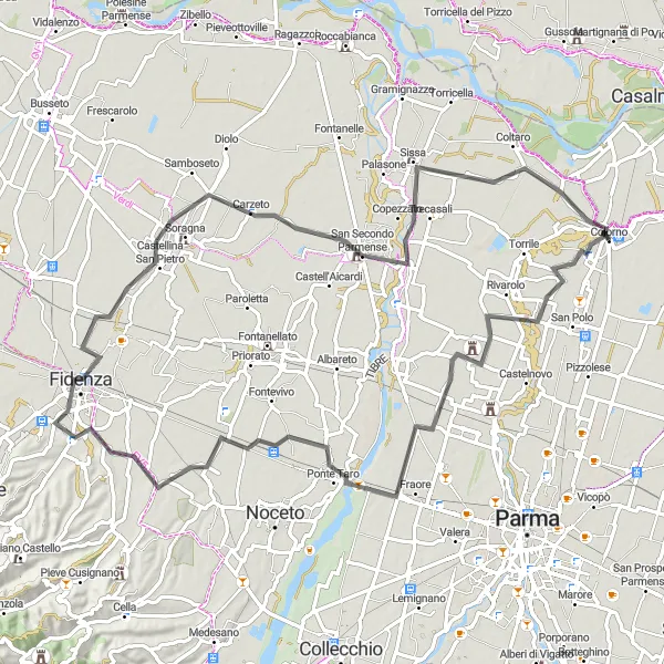 Miniatura mapy "Trasa z Colorno do San Secondo Parmense i z powrotem" - trasy rowerowej w Emilia-Romagna, Italy. Wygenerowane przez planer tras rowerowych Tarmacs.app