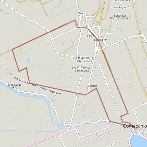 Kartminiatyr av "Kort grusväg runt Lagosanto" cykelinspiration i Emilia-Romagna, Italy. Genererad av Tarmacs.app cykelruttplanerare