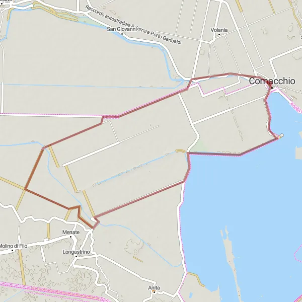 Miniatura della mappa di ispirazione al ciclismo "Avventura Gravel tra Trepponti e Comacchio" nella regione di Emilia-Romagna, Italy. Generata da Tarmacs.app, pianificatore di rotte ciclistiche