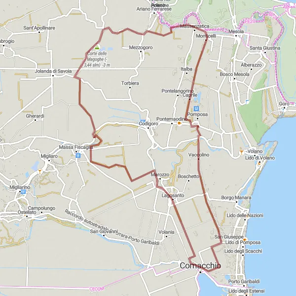 Zemljevid v pomanjšavi "Raznolika kolesarska avantura okoli Comacchia" kolesarske inspiracije v Emilia-Romagna, Italy. Generirano z načrtovalcem kolesarskih poti Tarmacs.app