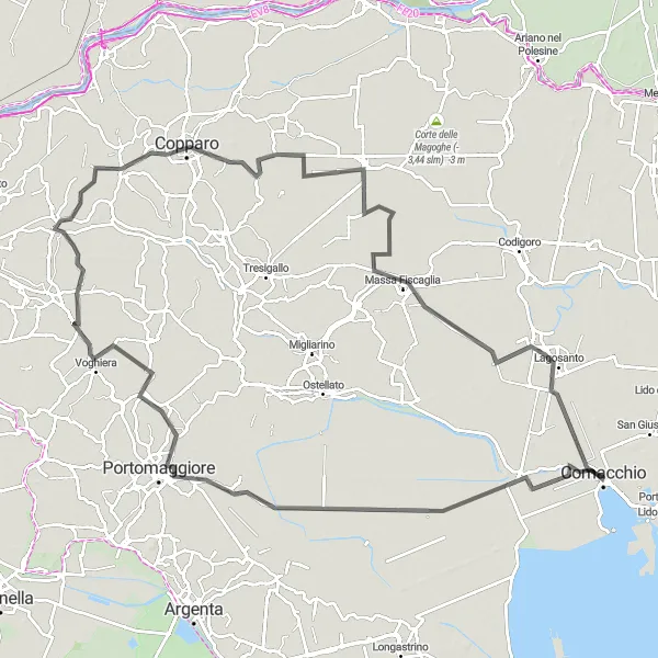 Miniatua del mapa de inspiración ciclista "Gran Ruta en Carretera por Jolanda di Savoia" en Emilia-Romagna, Italy. Generado por Tarmacs.app planificador de rutas ciclistas