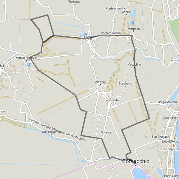 Miniaturní mapa "Okruh kolem Comacchia" inspirace pro cyklisty v oblasti Emilia-Romagna, Italy. Vytvořeno pomocí plánovače tras Tarmacs.app