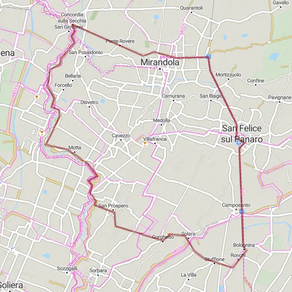 Miniaturní mapa "Gravelová cesta skrze Rovereto sulla Secchia" inspirace pro cyklisty v oblasti Emilia-Romagna, Italy. Vytvořeno pomocí plánovače tras Tarmacs.app