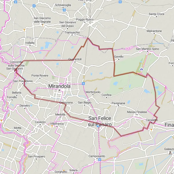 Mapa miniatúra "Gravelová cyklotrasa cez Quarantoli a San Possidonio" cyklistická inšpirácia v Emilia-Romagna, Italy. Vygenerované cyklistickým plánovačom trás Tarmacs.app