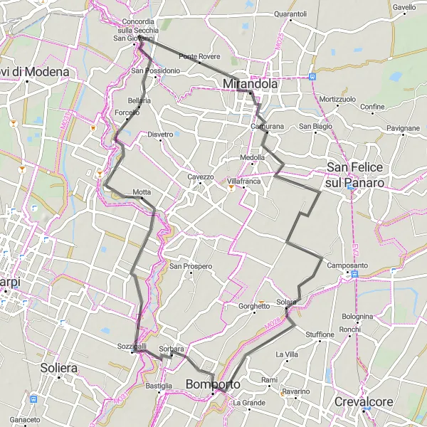 Miniaturní mapa "Okružní cyklistická trasa kolem Concordia sulla Secchia" inspirace pro cyklisty v oblasti Emilia-Romagna, Italy. Vytvořeno pomocí plánovače tras Tarmacs.app