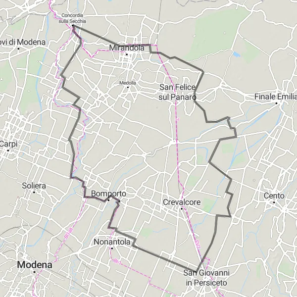 Mapa miniatúra "Okruh cez Mirandolu a Bolognu" cyklistická inšpirácia v Emilia-Romagna, Italy. Vygenerované cyklistickým plánovačom trás Tarmacs.app