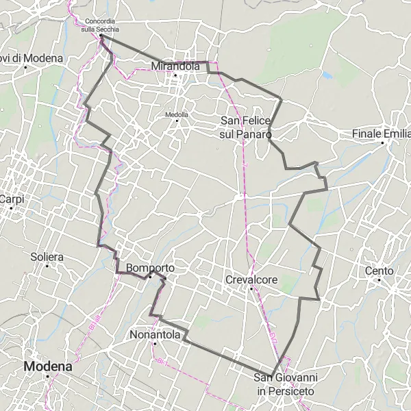 Karttaminiaatyyri "Historiallinen reitti Emilia-Romagnan maaseudulla" pyöräilyinspiraatiosta alueella Emilia-Romagna, Italy. Luotu Tarmacs.app pyöräilyreittisuunnittelijalla