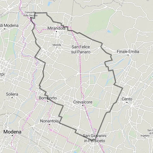 Mapa miniatúra "Cyklistický okruh cez Massu Finalese" cyklistická inšpirácia v Emilia-Romagna, Italy. Vygenerované cyklistickým plánovačom trás Tarmacs.app