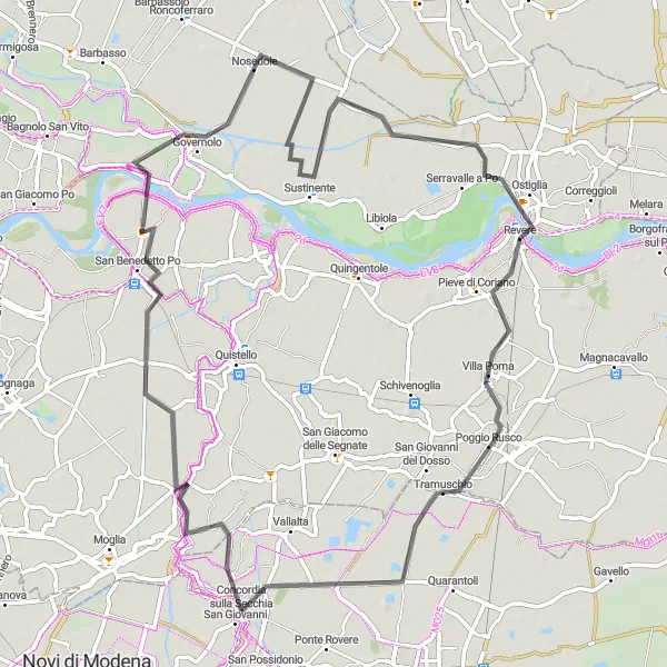 Mapa miniatúra "Pohodlný okruh cez Sustinente a Ostiglio" cyklistická inšpirácia v Emilia-Romagna, Italy. Vygenerované cyklistickým plánovačom trás Tarmacs.app