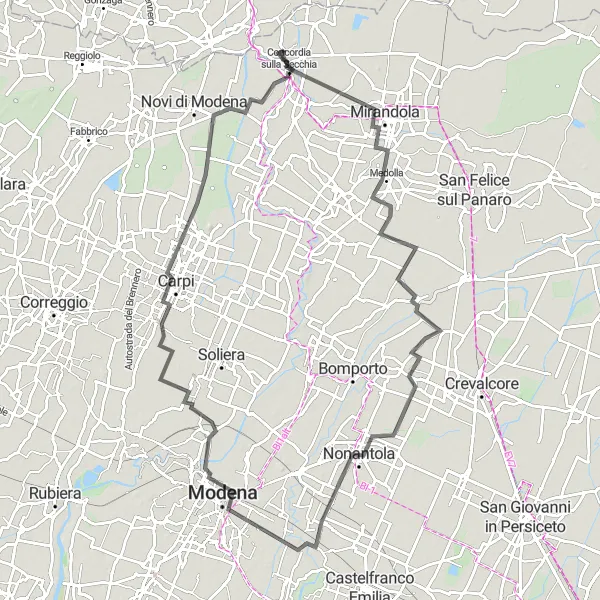 Mapa miniatúra "Okruh cez Mirandolu, Nonantolu a ďalšie" cyklistická inšpirácia v Emilia-Romagna, Italy. Vygenerované cyklistickým plánovačom trás Tarmacs.app