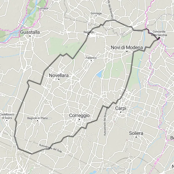 Mapa miniatúra "Cestná cyklotrasa cez Fossoli a Reggiolo" cyklistická inšpirácia v Emilia-Romagna, Italy. Vygenerované cyklistickým plánovačom trás Tarmacs.app