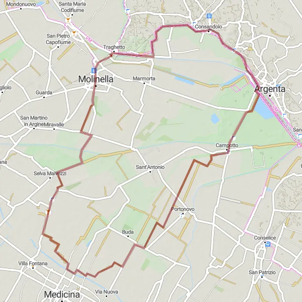 Miniatura della mappa di ispirazione al ciclismo "Rotta tra Campotto e Molinella" nella regione di Emilia-Romagna, Italy. Generata da Tarmacs.app, pianificatore di rotte ciclistiche
