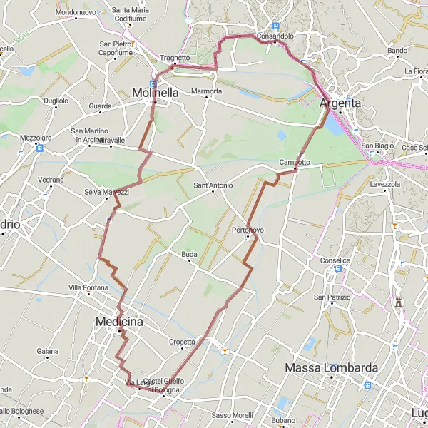 Miniature de la carte de l'inspiration cycliste "Le Tour de Campotto" dans la Emilia-Romagna, Italy. Générée par le planificateur d'itinéraire cycliste Tarmacs.app