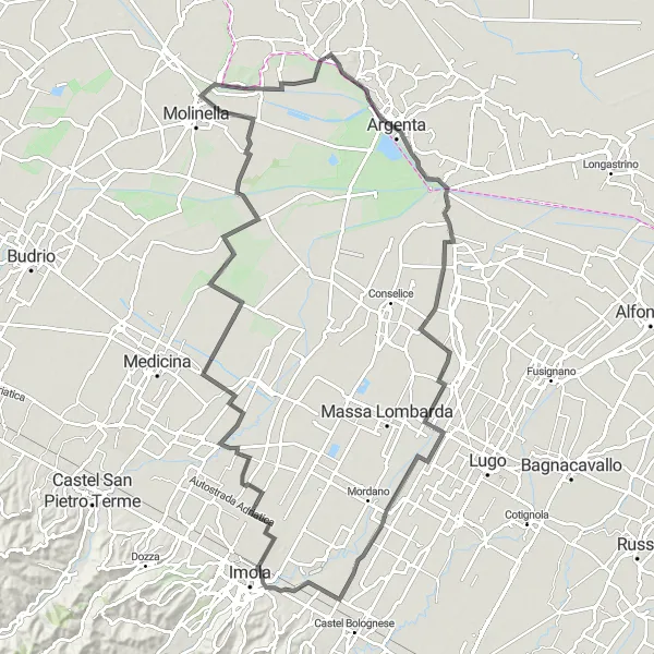 Mapa miniatúra "Cyklistická trasa Argenta - Zello - Marmorta" cyklistická inšpirácia v Emilia-Romagna, Italy. Vygenerované cyklistickým plánovačom trás Tarmacs.app