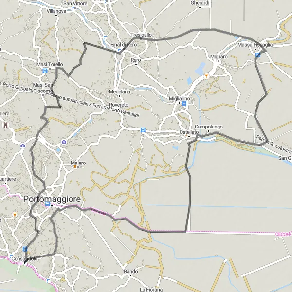 Mapa miniatúra "Okruhová cyklistická trasa Consandolo" cyklistická inšpirácia v Emilia-Romagna, Italy. Vygenerované cyklistickým plánovačom trás Tarmacs.app