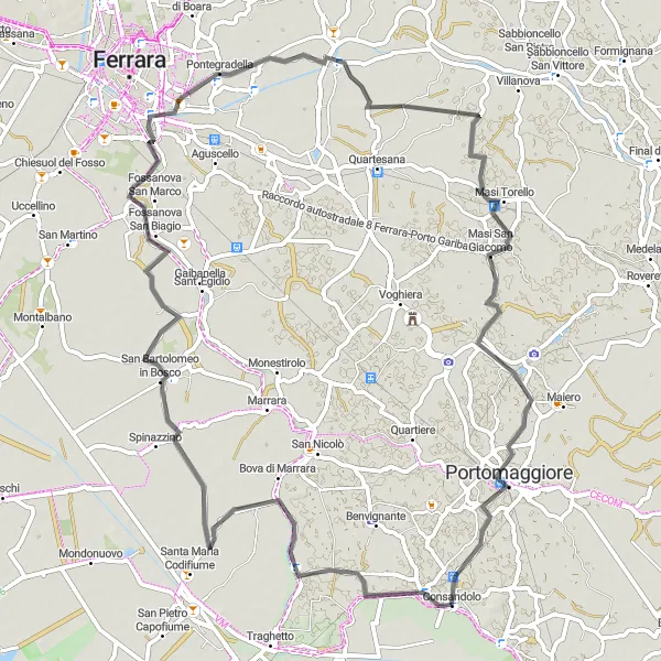 Zemljevid v pomanjšavi "Kolesarska pot ob reki Po in skozi idilične vasice" kolesarske inspiracije v Emilia-Romagna, Italy. Generirano z načrtovalcem kolesarskih poti Tarmacs.app