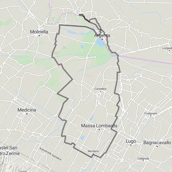 Kartminiatyr av "Lavezzola til Argenta Veitur" sykkelinspirasjon i Emilia-Romagna, Italy. Generert av Tarmacs.app sykkelrutoplanlegger