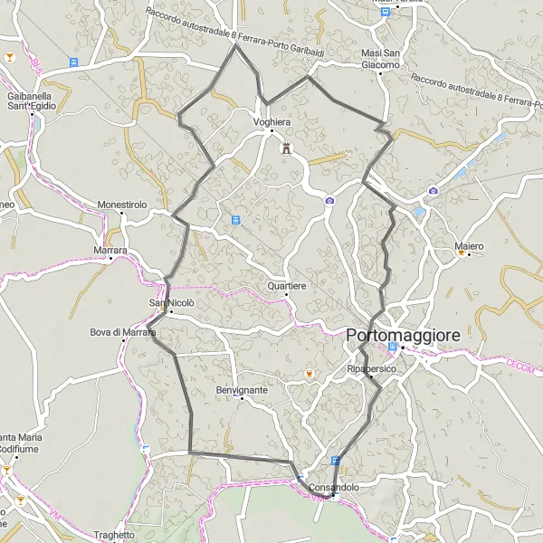 Zemljevid v pomanjšavi "Razgibana kolesarska pot skozi vasi Emilia-Romagne" kolesarske inspiracije v Emilia-Romagna, Italy. Generirano z načrtovalcem kolesarskih poti Tarmacs.app