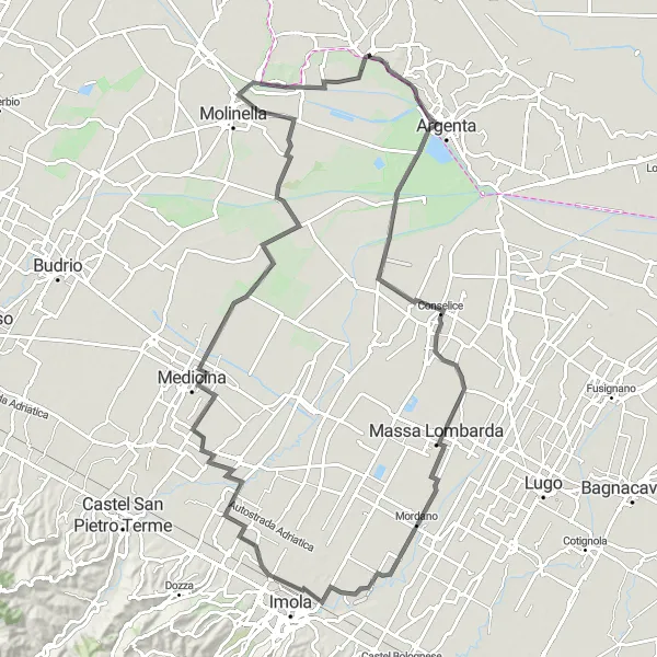 Mapa miniatúra "Cestná trasa cez San Prospero a Medicina" cyklistická inšpirácia v Emilia-Romagna, Italy. Vygenerované cyklistickým plánovačom trás Tarmacs.app