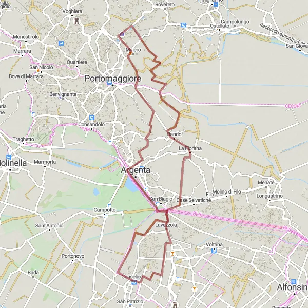 Kartminiatyr av "Grusväg till Sandolo och Argenta" cykelinspiration i Emilia-Romagna, Italy. Genererad av Tarmacs.app cykelruttplanerare