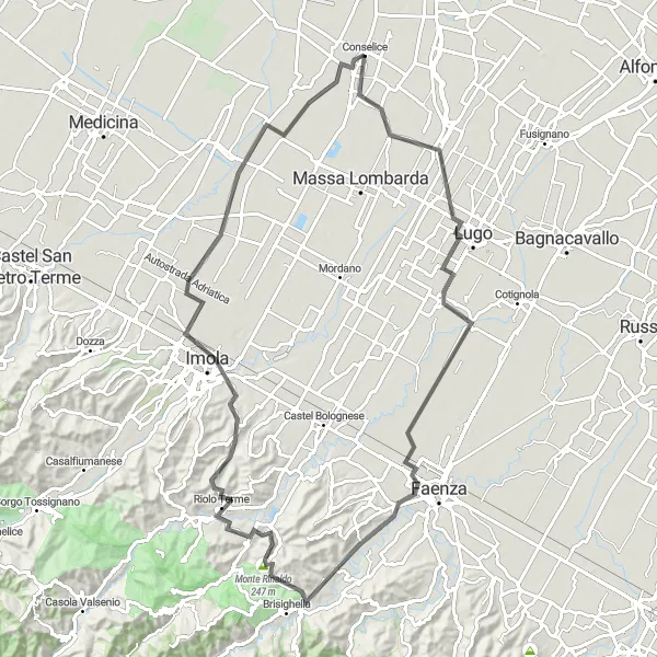 Mapa miniatúra "Cyklotúra cez Riolo Terme a Imolu" cyklistická inšpirácia v Emilia-Romagna, Italy. Vygenerované cyklistickým plánovačom trás Tarmacs.app