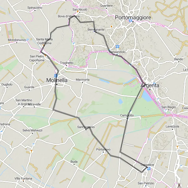 Miniatura mapy "Rekreacyjna przejażdżka przez Molinellę i Argentę" - trasy rowerowej w Emilia-Romagna, Italy. Wygenerowane przez planer tras rowerowych Tarmacs.app