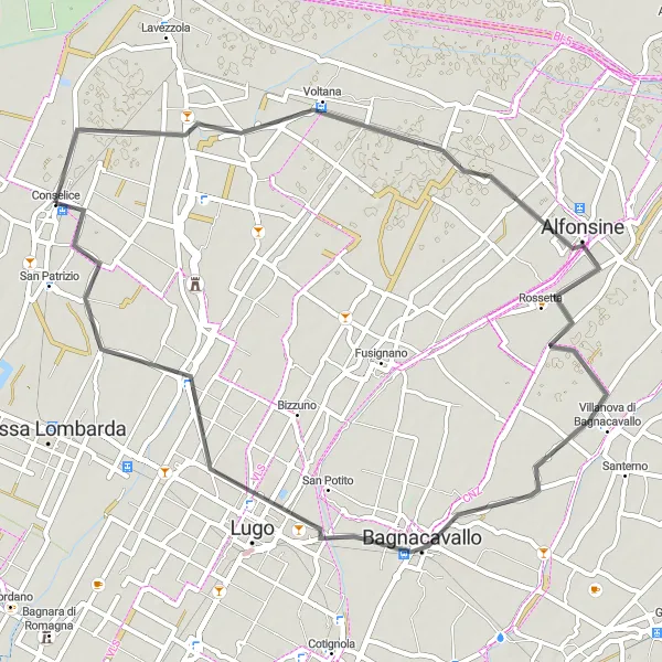 Miniatura della mappa di ispirazione al ciclismo "Giro in bicicletta da Conselice a Lugo" nella regione di Emilia-Romagna, Italy. Generata da Tarmacs.app, pianificatore di rotte ciclistiche