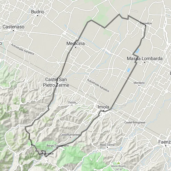 Kartminiatyr av "Utforsk Monte la Pieve og mer" sykkelinspirasjon i Emilia-Romagna, Italy. Generert av Tarmacs.app sykkelrutoplanlegger
