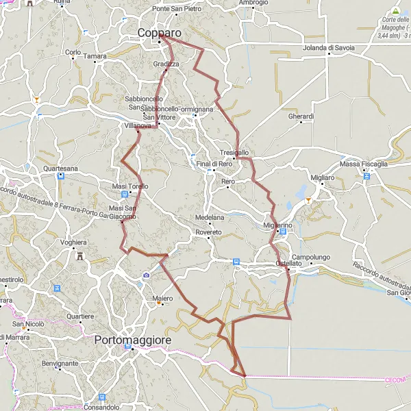 Miniature de la carte de l'inspiration cycliste "Ostellato Gravel Adventure" dans la Emilia-Romagna, Italy. Générée par le planificateur d'itinéraire cycliste Tarmacs.app
