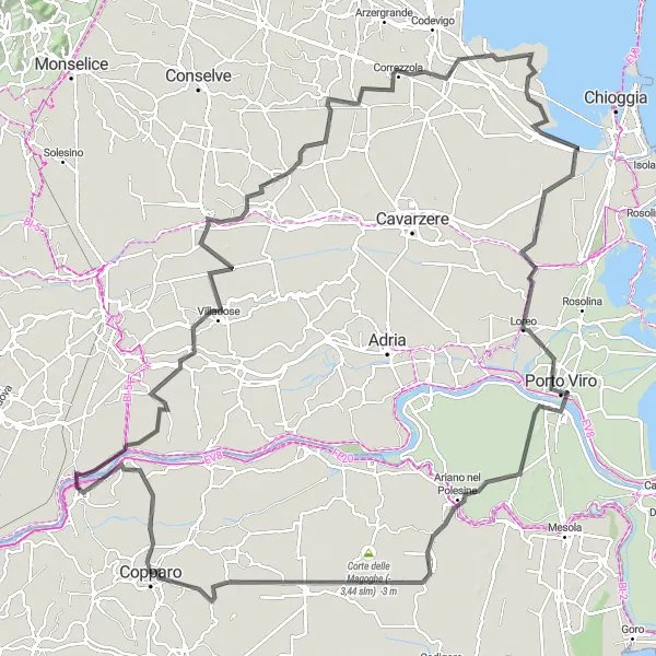 Miniatura della mappa di ispirazione al ciclismo "Escursione in bici da Polesella a Jolanda di Savoia" nella regione di Emilia-Romagna, Italy. Generata da Tarmacs.app, pianificatore di rotte ciclistiche