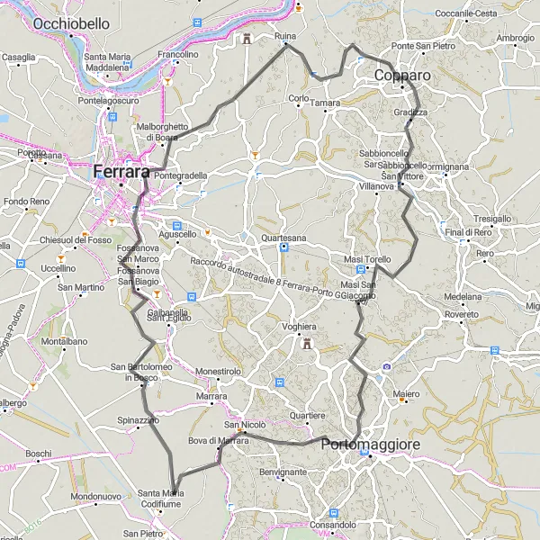 Map miniature of "Ferrara Vineyards" cycling inspiration in Emilia-Romagna, Italy. Generated by Tarmacs.app cycling route planner