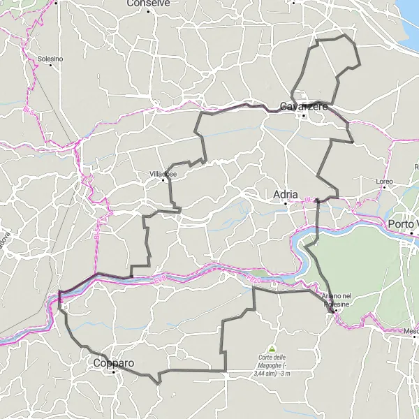 Miniatura della mappa di ispirazione al ciclismo "Alla Scoperta del Polesine" nella regione di Emilia-Romagna, Italy. Generata da Tarmacs.app, pianificatore di rotte ciclistiche