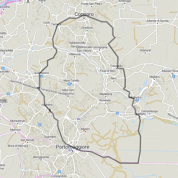 Miniatura della mappa di ispirazione al ciclismo "Il Giro della Bassa Ferrarese" nella regione di Emilia-Romagna, Italy. Generata da Tarmacs.app, pianificatore di rotte ciclistiche