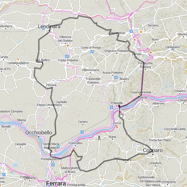 Map miniature of "Copparo to Lendinara Round Trip" cycling inspiration in Emilia-Romagna, Italy. Generated by Tarmacs.app cycling route planner