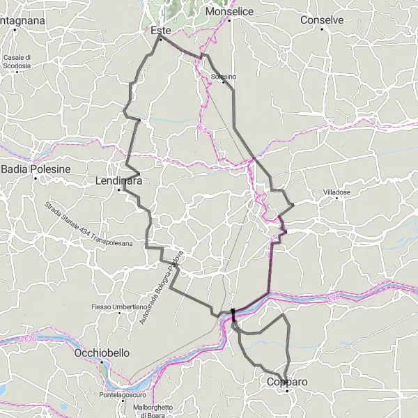 Zemljevid v pomanjšavi "Podeželska kolesarska avantura skozi Rovigo" kolesarske inspiracije v Emilia-Romagna, Italy. Generirano z načrtovalcem kolesarskih poti Tarmacs.app