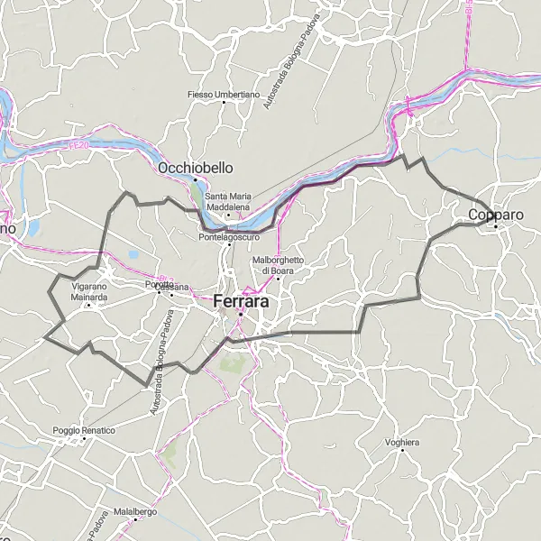 Map miniature of "Copparo to Mirabello Round Trip" cycling inspiration in Emilia-Romagna, Italy. Generated by Tarmacs.app cycling route planner