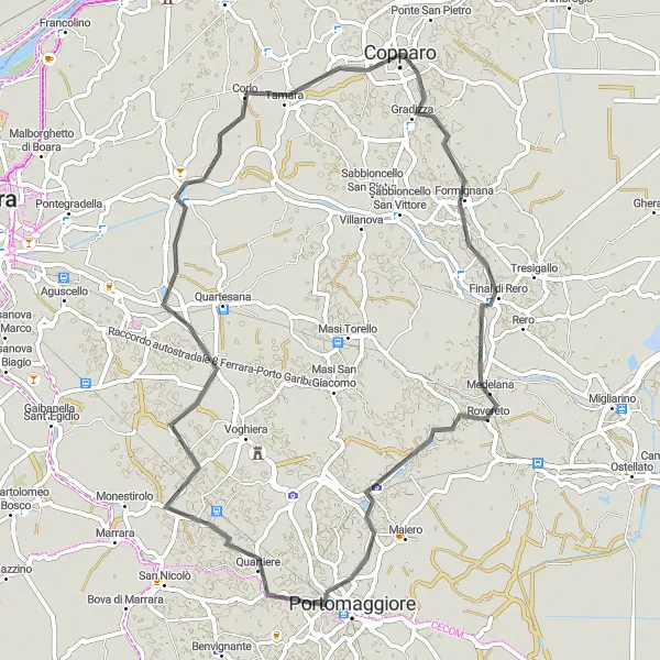 Karten-Miniaturansicht der Radinspiration "Rundfahrt von Copparo nach Formignana und Cona" in Emilia-Romagna, Italy. Erstellt vom Tarmacs.app-Routenplaner für Radtouren