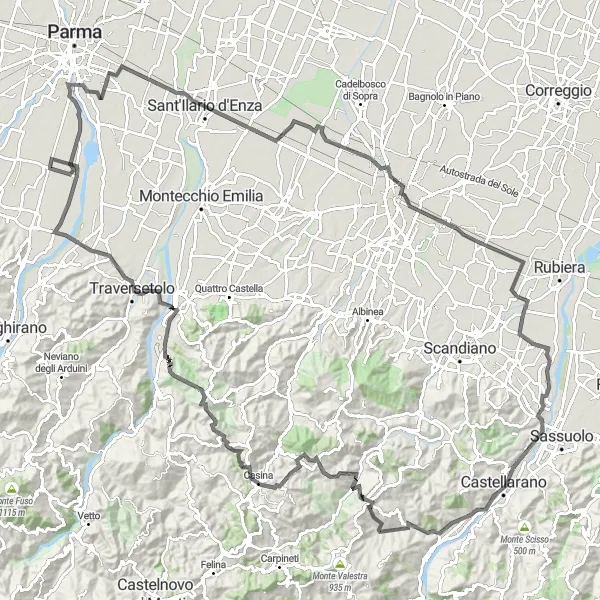 Miniatua del mapa de inspiración ciclista "Ruta épica de ciclismo en carretera en Emilia-Romagna" en Emilia-Romagna, Italy. Generado por Tarmacs.app planificador de rutas ciclistas