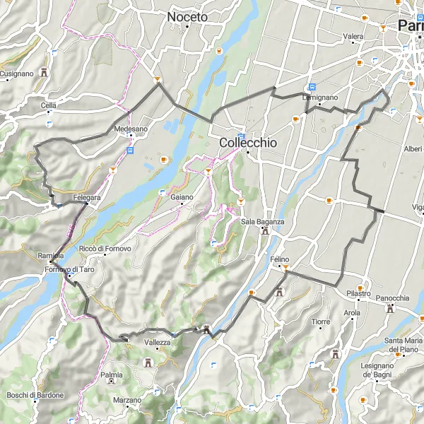 Zemljevid v pomanjšavi "Krožna pot skozi zgodovino in naravo" kolesarske inspiracije v Emilia-Romagna, Italy. Generirano z načrtovalcem kolesarskih poti Tarmacs.app
