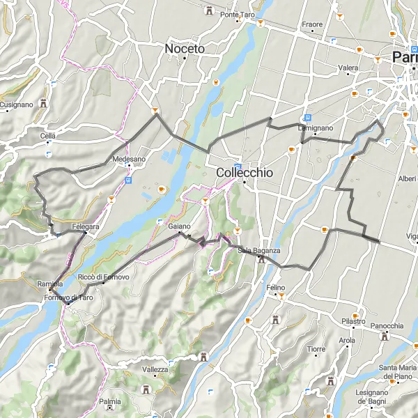 Map miniature of "Felegara Scenic Loop" cycling inspiration in Emilia-Romagna, Italy. Generated by Tarmacs.app cycling route planner