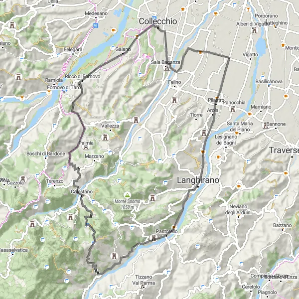 Zemljevid v pomanjšavi "Zahtevna gorska avantura okoli Parmske doline" kolesarske inspiracije v Emilia-Romagna, Italy. Generirano z načrtovalcem kolesarskih poti Tarmacs.app