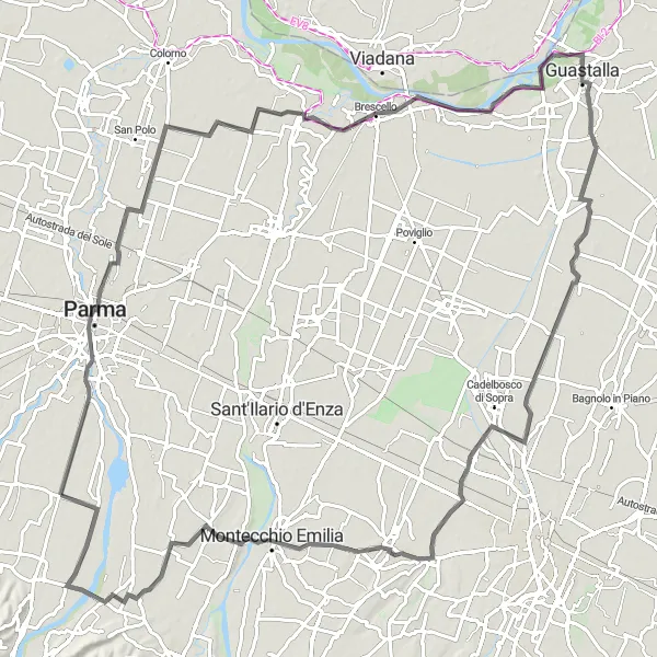 Map miniature of "Roman Bridge and Cavriago Adventure" cycling inspiration in Emilia-Romagna, Italy. Generated by Tarmacs.app cycling route planner