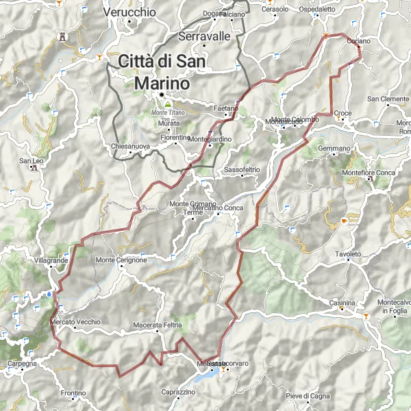 Miniatua del mapa de inspiración ciclista "Ruta de Grava por Monte Colombo y Coriano" en Emilia-Romagna, Italy. Generado por Tarmacs.app planificador de rutas ciclistas
