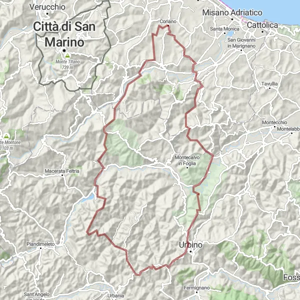 Kartminiatyr av "Utforsk Morciano di Romagna til Urbino på grusveier" sykkelinspirasjon i Emilia-Romagna, Italy. Generert av Tarmacs.app sykkelrutoplanlegger