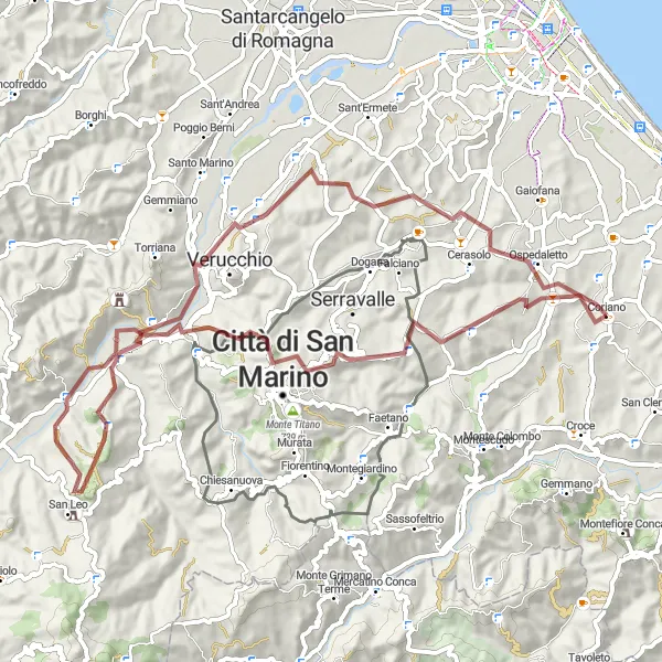 Zemljevid v pomanjšavi "Obdelan teren okoli Coriana" kolesarske inspiracije v Emilia-Romagna, Italy. Generirano z načrtovalcem kolesarskih poti Tarmacs.app