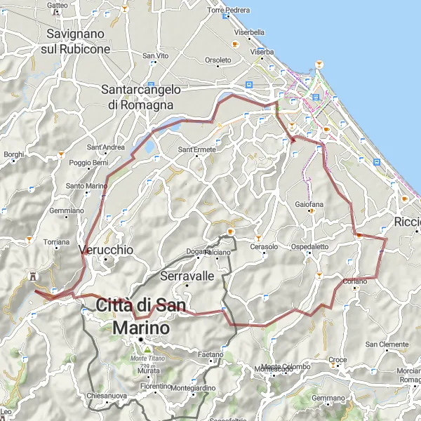 Miniatua del mapa de inspiración ciclista "Ruta de Grava de Coriano a Monte Ventoso" en Emilia-Romagna, Italy. Generado por Tarmacs.app planificador de rutas ciclistas