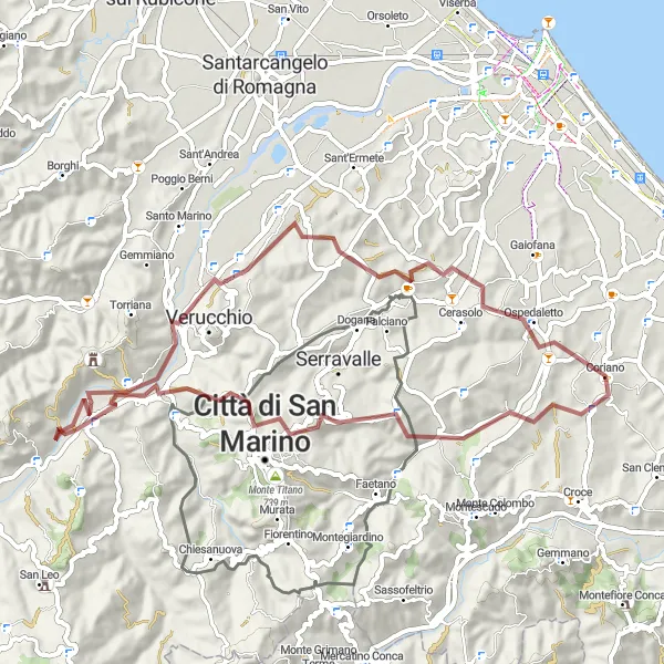 Zemljevid v pomanjšavi "Gravel avantura okoli Coriana" kolesarske inspiracije v Emilia-Romagna, Italy. Generirano z načrtovalcem kolesarskih poti Tarmacs.app