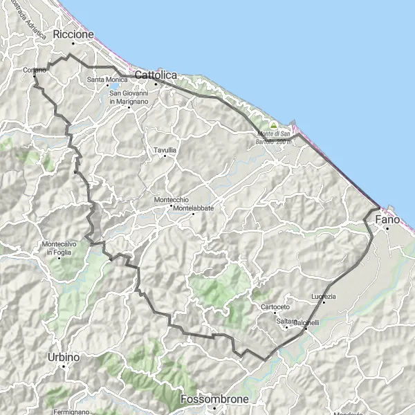 Miniatura della mappa di ispirazione al ciclismo "Tour tra Coriano e Morciano di Romagna" nella regione di Emilia-Romagna, Italy. Generata da Tarmacs.app, pianificatore di rotte ciclistiche