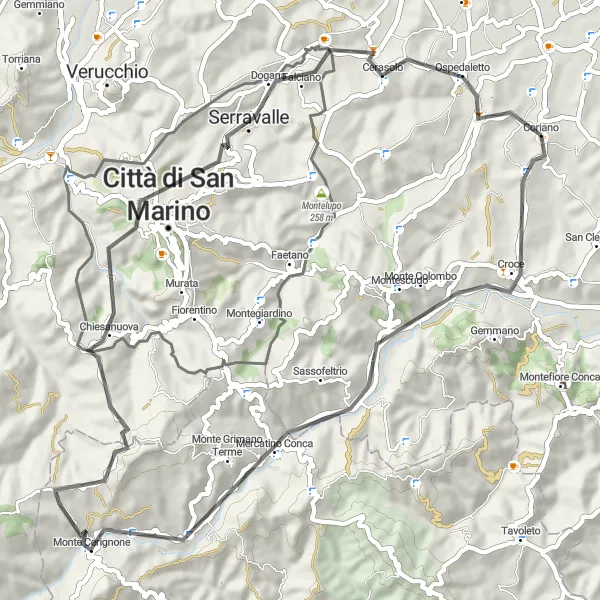 Miniatua del mapa de inspiración ciclista "Ruta de Ciclismo de Carretera a Mercatino Conca" en Emilia-Romagna, Italy. Generado por Tarmacs.app planificador de rutas ciclistas
